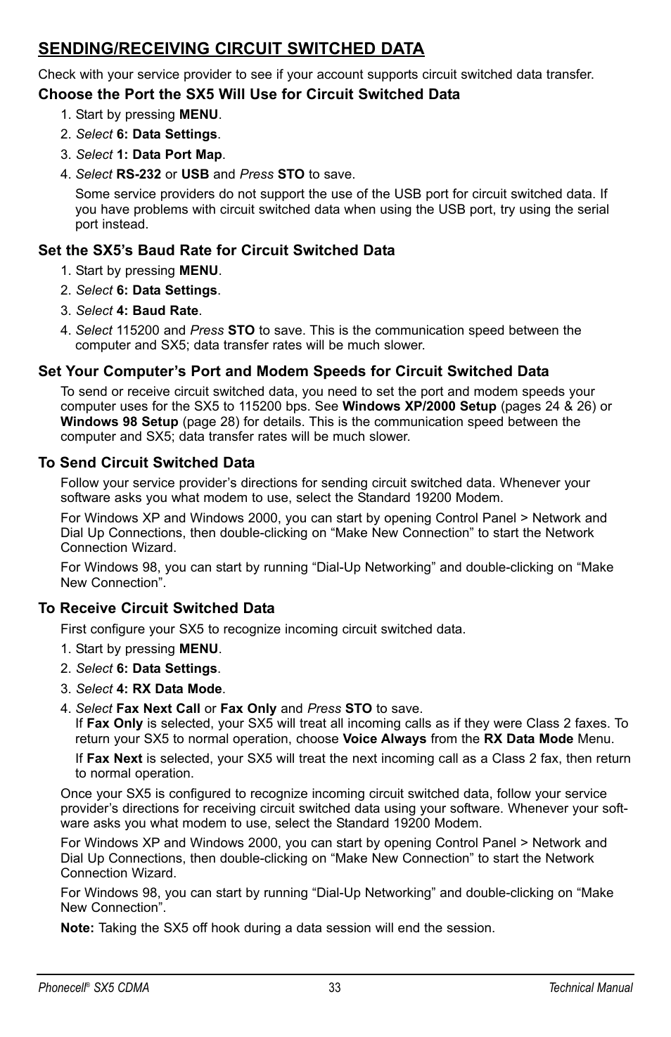 Sending/receiving circuit switched data | Telular SX5P CDMA2000 User Manual | Page 39 / 48