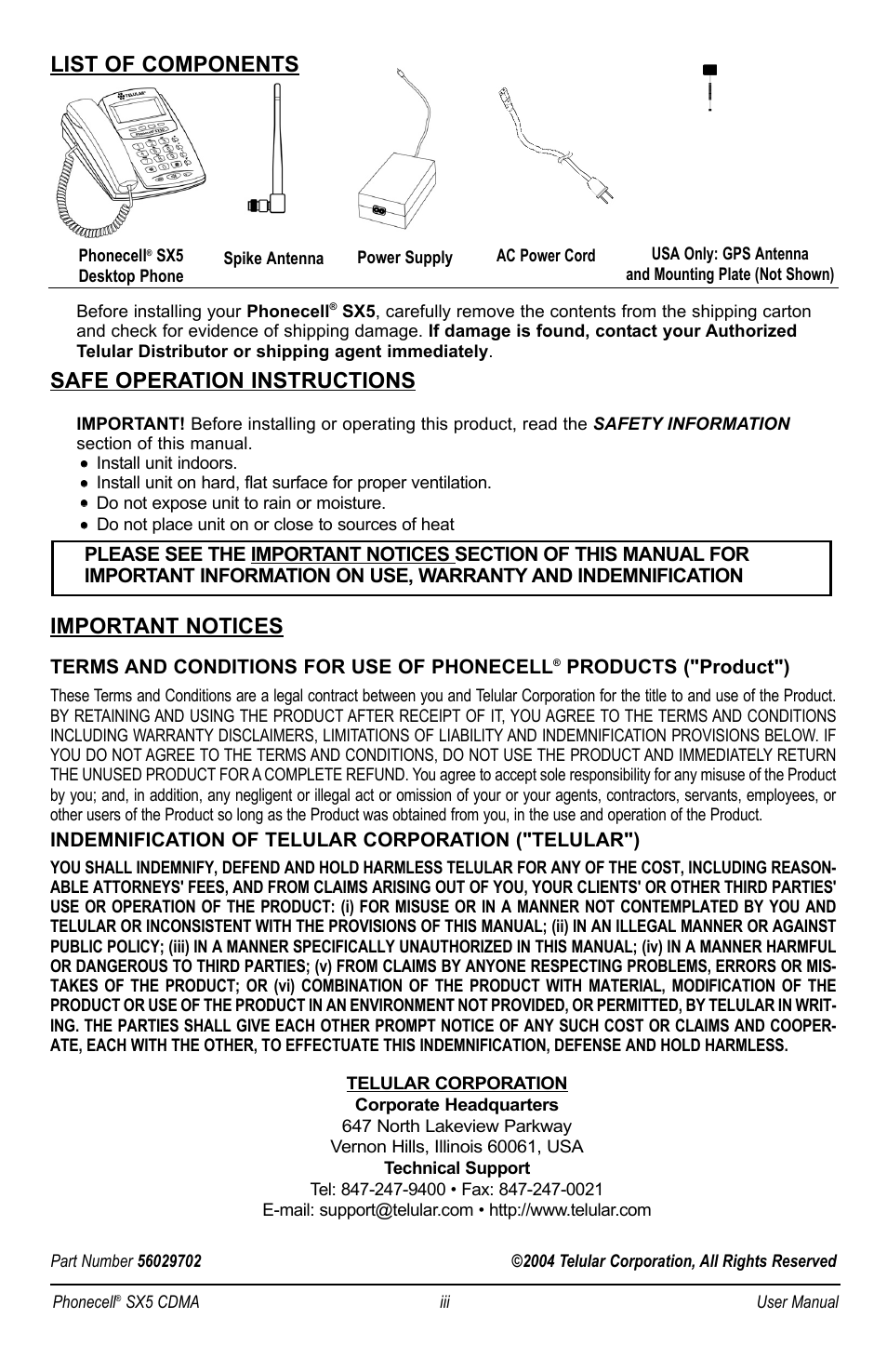 Safe operation instructions, Important notices, List of components | Telular SX5P CDMA2000 User Manual | Page 4 / 48