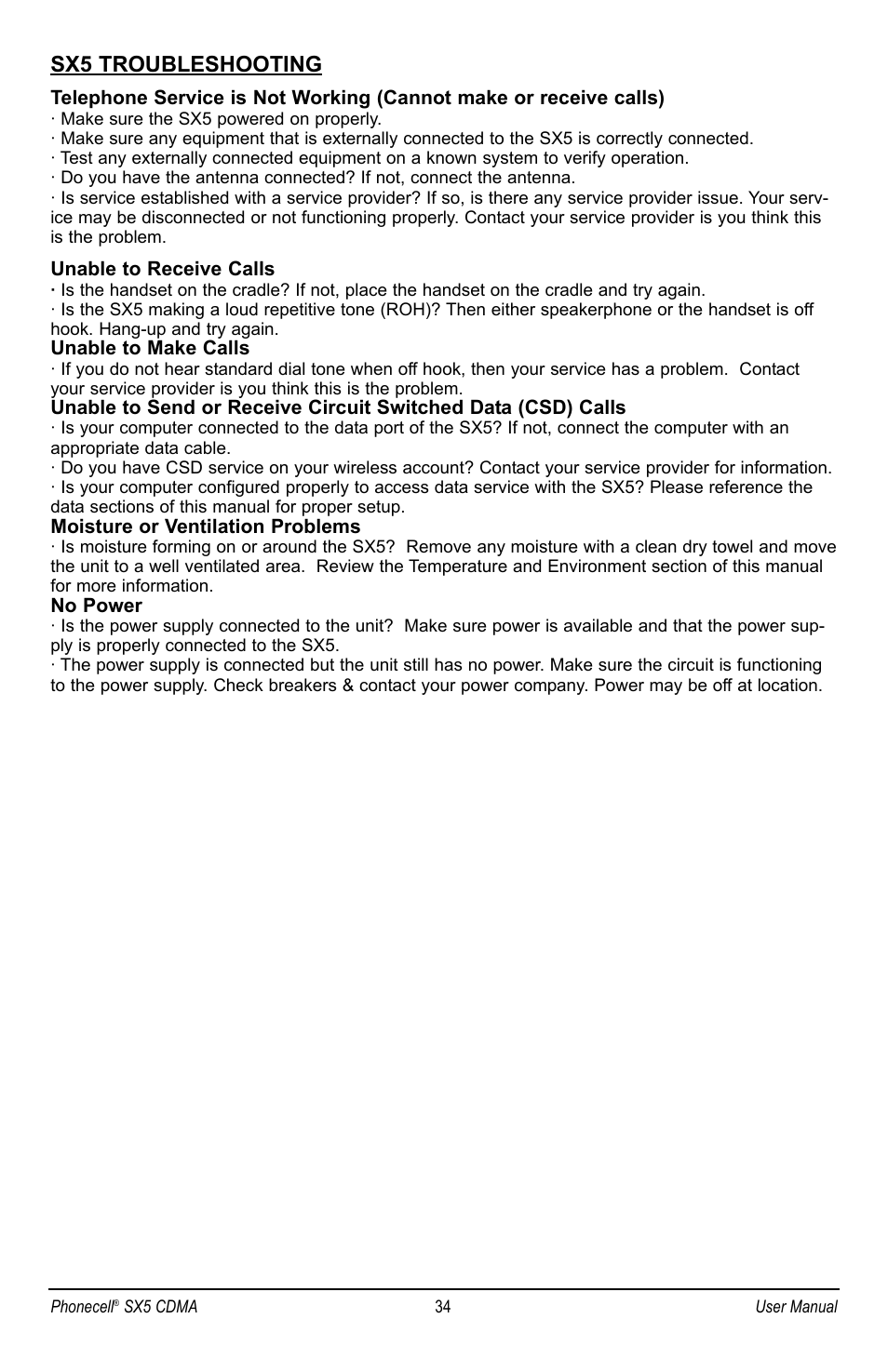 Sx5 troubleshooting | Telular SX5P CDMA2000 User Manual | Page 40 / 48