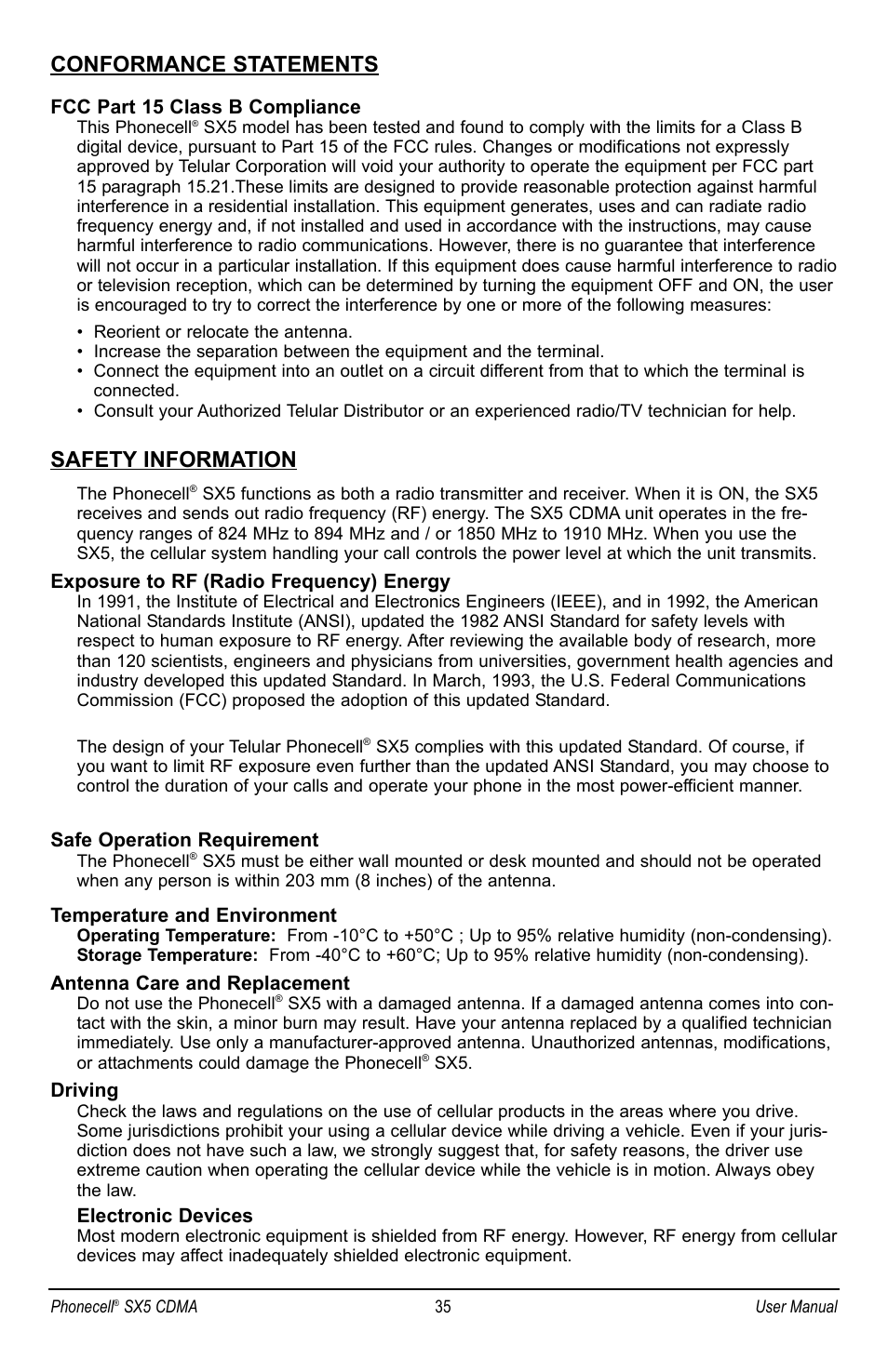 Conformance statements, Safety information, Fcc part 15 class b compliance | Exposure to rf (radio frequency) energy, Safe operation requirement, Temperature and environment, Antenna care and replacement, Driving, Electronic devices | Telular SX5P CDMA2000 User Manual | Page 41 / 48