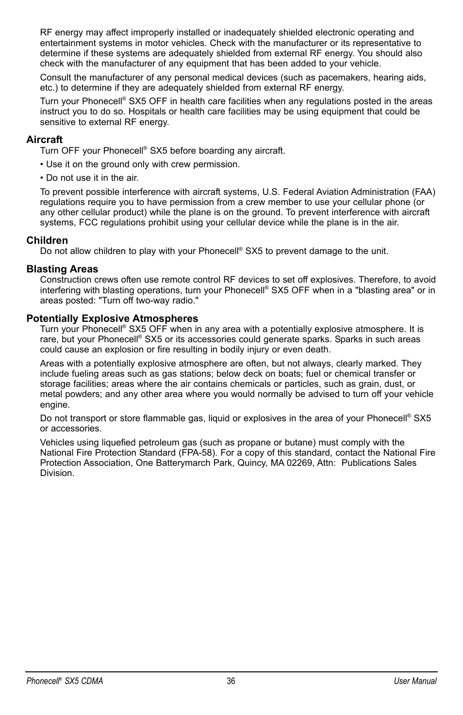 Aircraft, Children, Blasting areas | Potentially explosive atmospheres | Telular SX5P CDMA2000 User Manual | Page 42 / 48