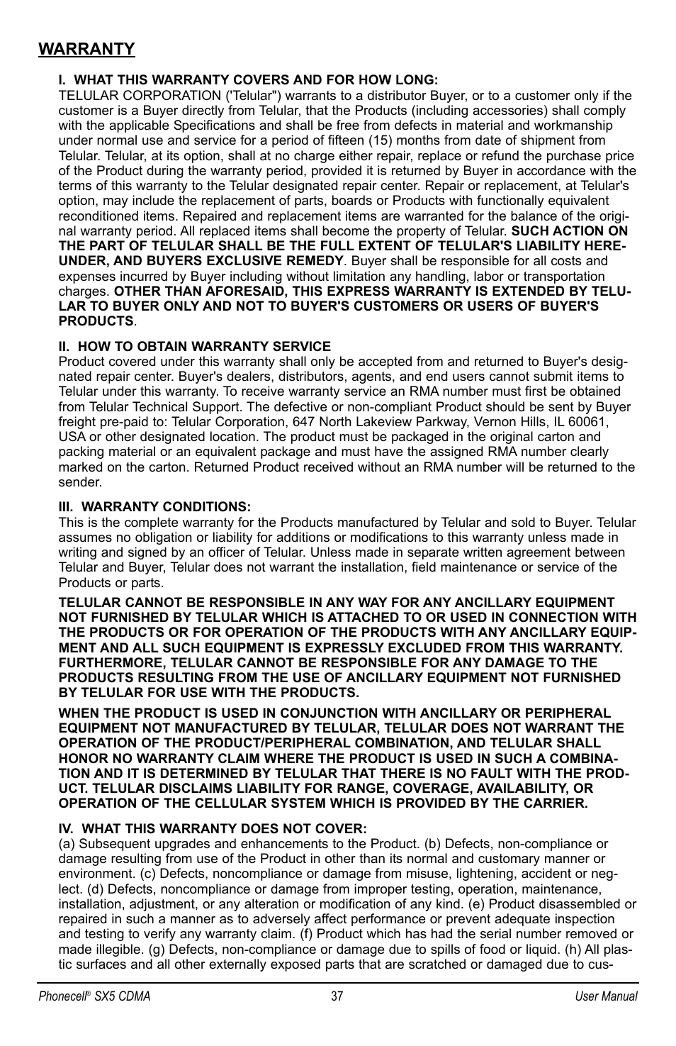 Warranty | Telular SX5P CDMA2000 User Manual | Page 43 / 48