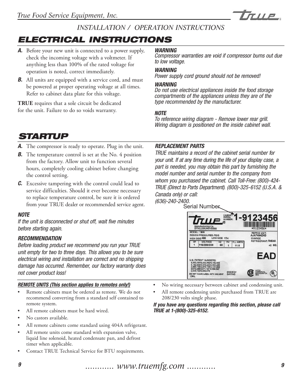 Electrical instructions, Startup | True Manufacturing Company TDC-47 User Manual | Page 11 / 18