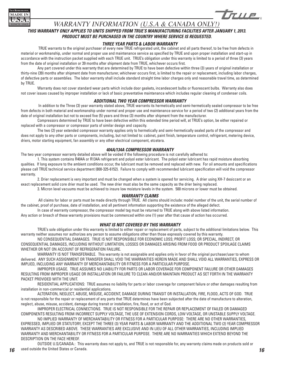 U.s.a, Warranty information (u.s.a & canada only!) | True Manufacturing Company TDC-47 User Manual | Page 18 / 18
