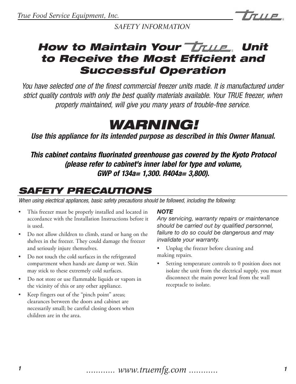 Warning, Safety precautions | True Manufacturing Company TDC-47 User Manual | Page 3 / 18