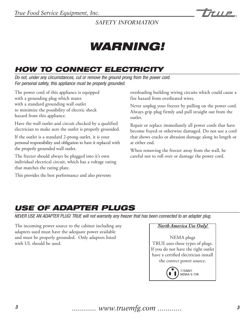 Warning, Adapter plugs, How to connect electricity | Use of | True Manufacturing Company TDC-47 User Manual | Page 5 / 18