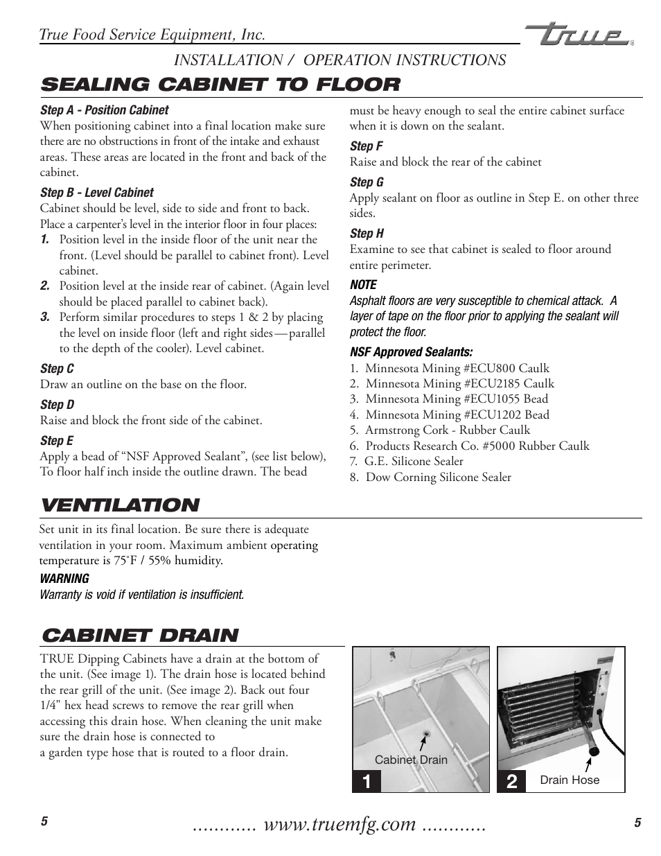 Ventilation, Sealing cabinet to floor, Cabinet drain | True Manufacturing Company TDC-47 User Manual | Page 7 / 18