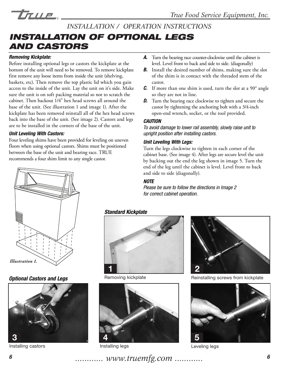 Installation of optional legs and castors | True Manufacturing Company TDC-47 User Manual | Page 8 / 18
