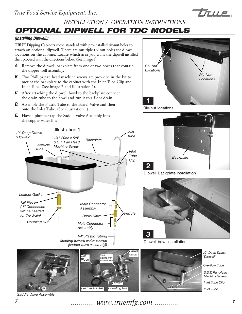 Optional dipwell for tdc models, True food service equipment, inc, Installation / operation instructions | True Manufacturing Company TDC-47 User Manual | Page 9 / 18