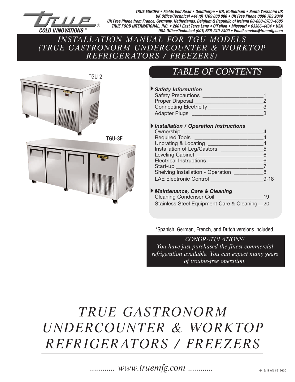 True Manufacturing Company TGU-2 User Manual | 24 pages