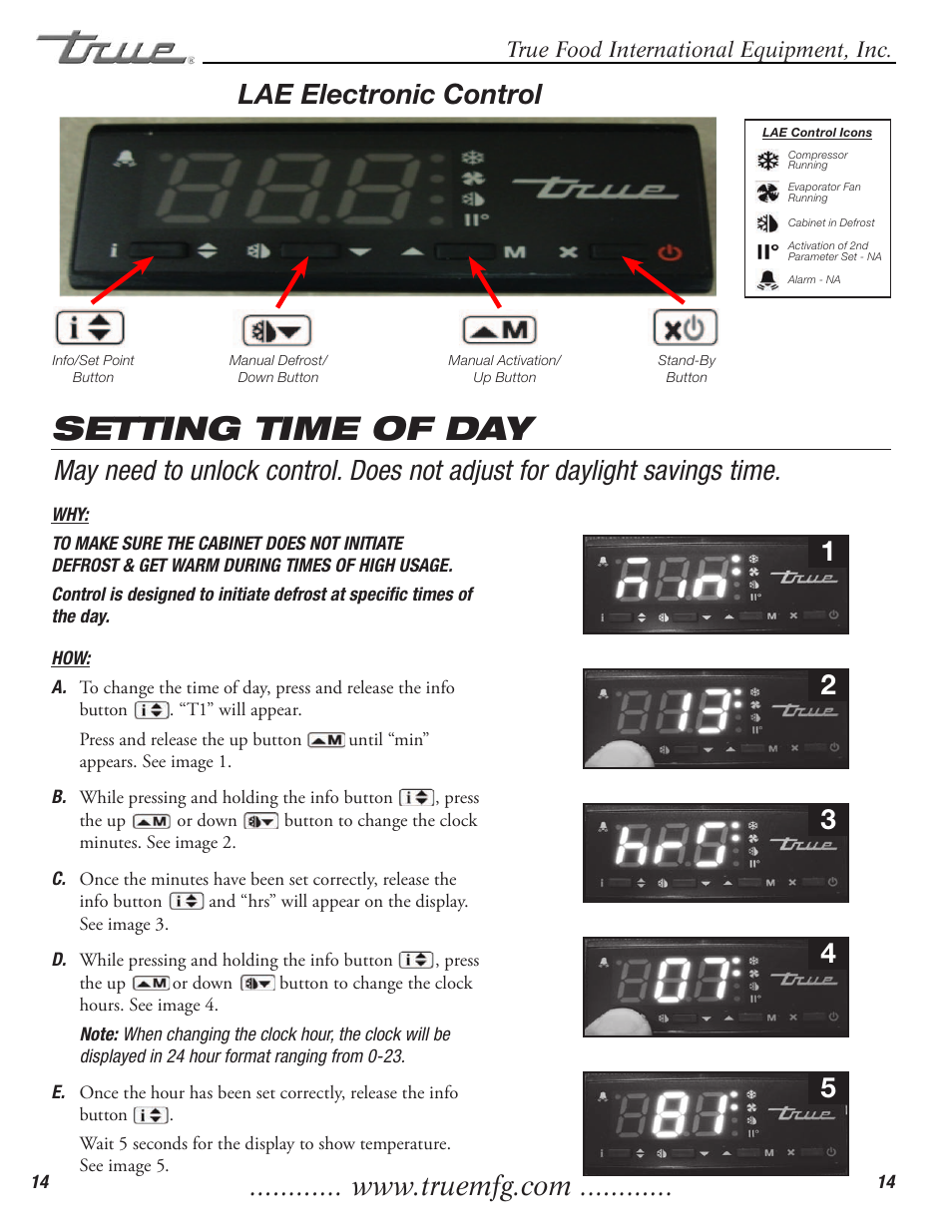 Setting time of day, Lae electronic control | True Manufacturing Company TGU-2 User Manual | Page 16 / 24