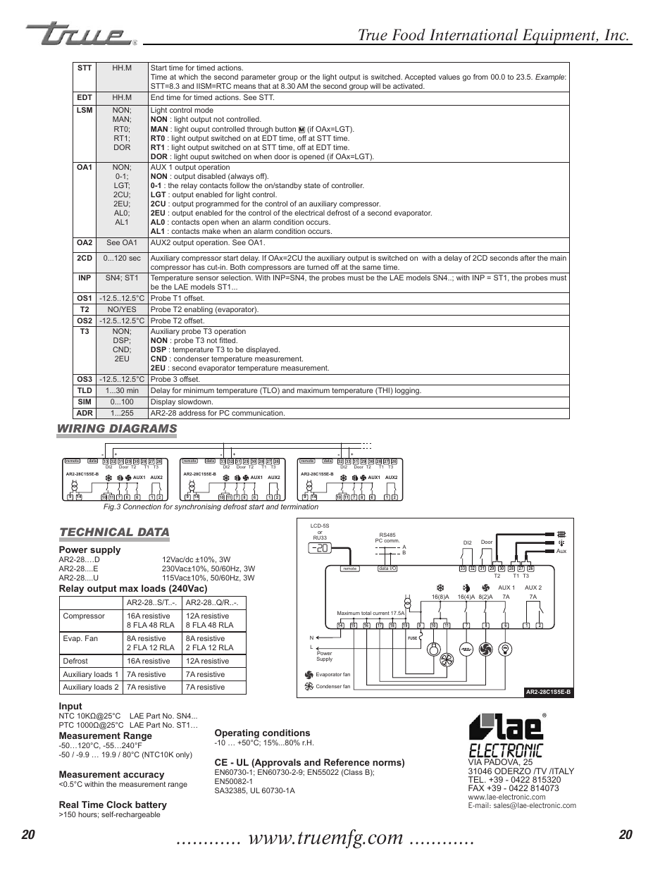 True food international equipment, inc, Ar2-28 instructions for use, Description indications installation | Operation, Wiring diagrams technical data, Display, Info menu, Stand-by, Keypad lock, Selection of second parameter group | True Manufacturing Company TGU-2 User Manual | Page 22 / 24