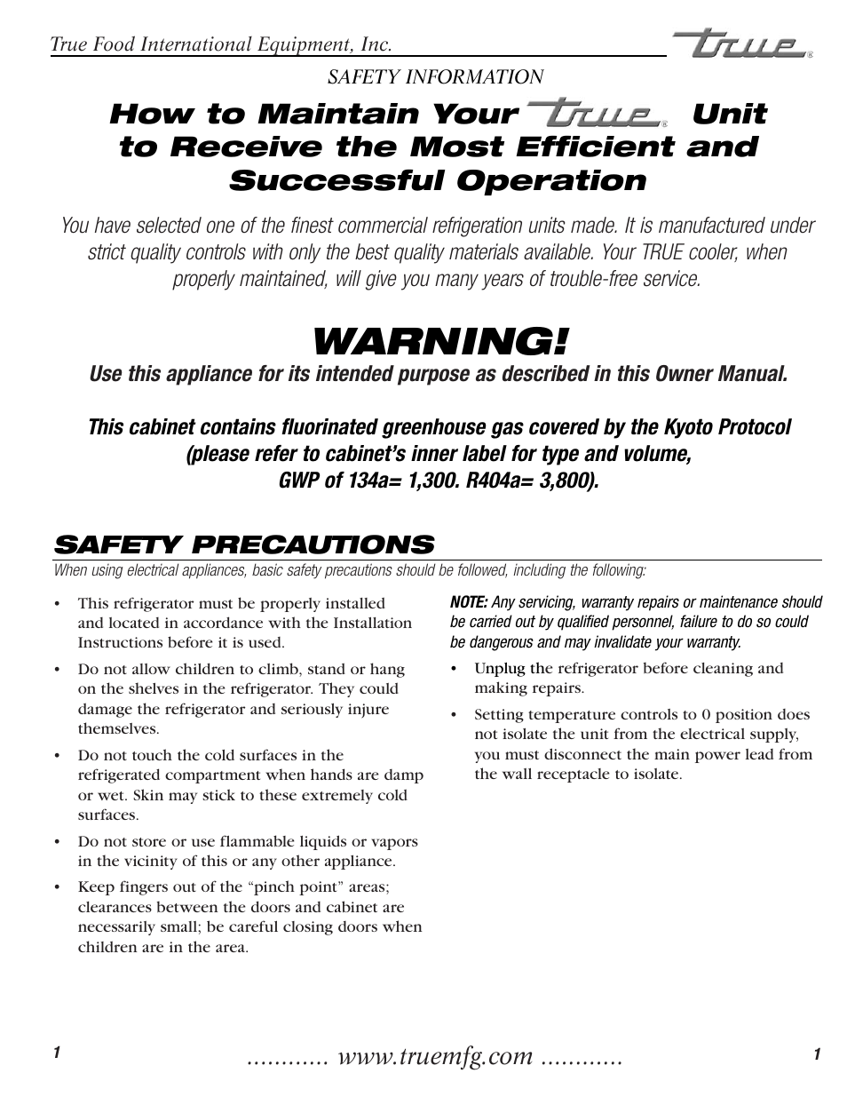 Warning, Safety precautions | True Manufacturing Company TGU-2 User Manual | Page 3 / 24