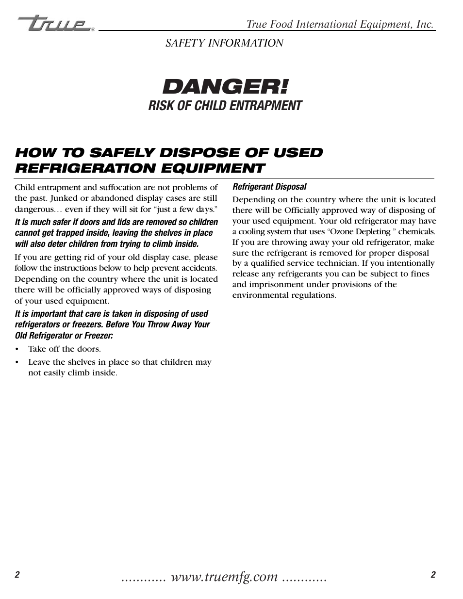 Danger, Risk of child entrapment | True Manufacturing Company TGU-2 User Manual | Page 4 / 24