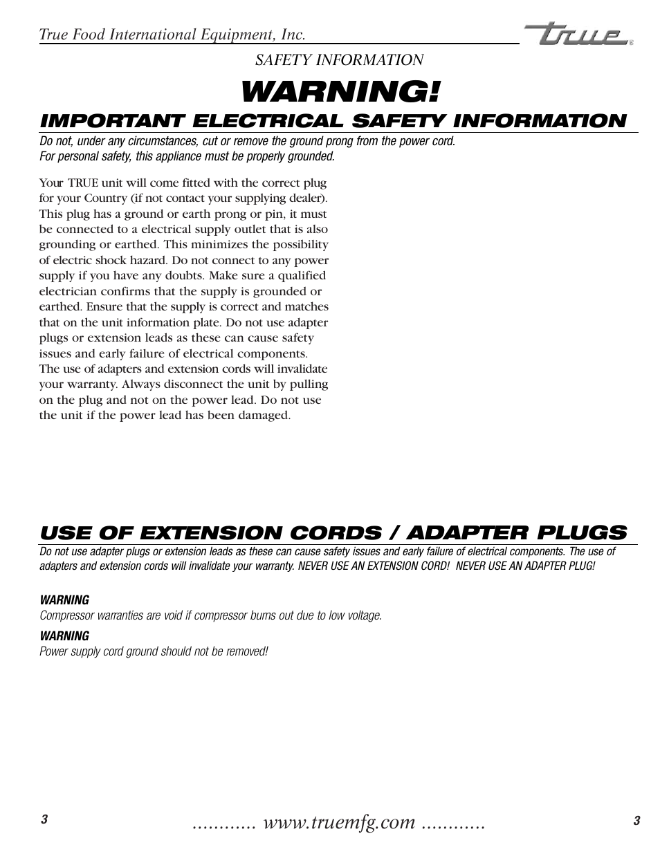 Warning, Adapter plugs, Important electrical safety information | Use of extension cords | True Manufacturing Company TGU-2 User Manual | Page 5 / 24