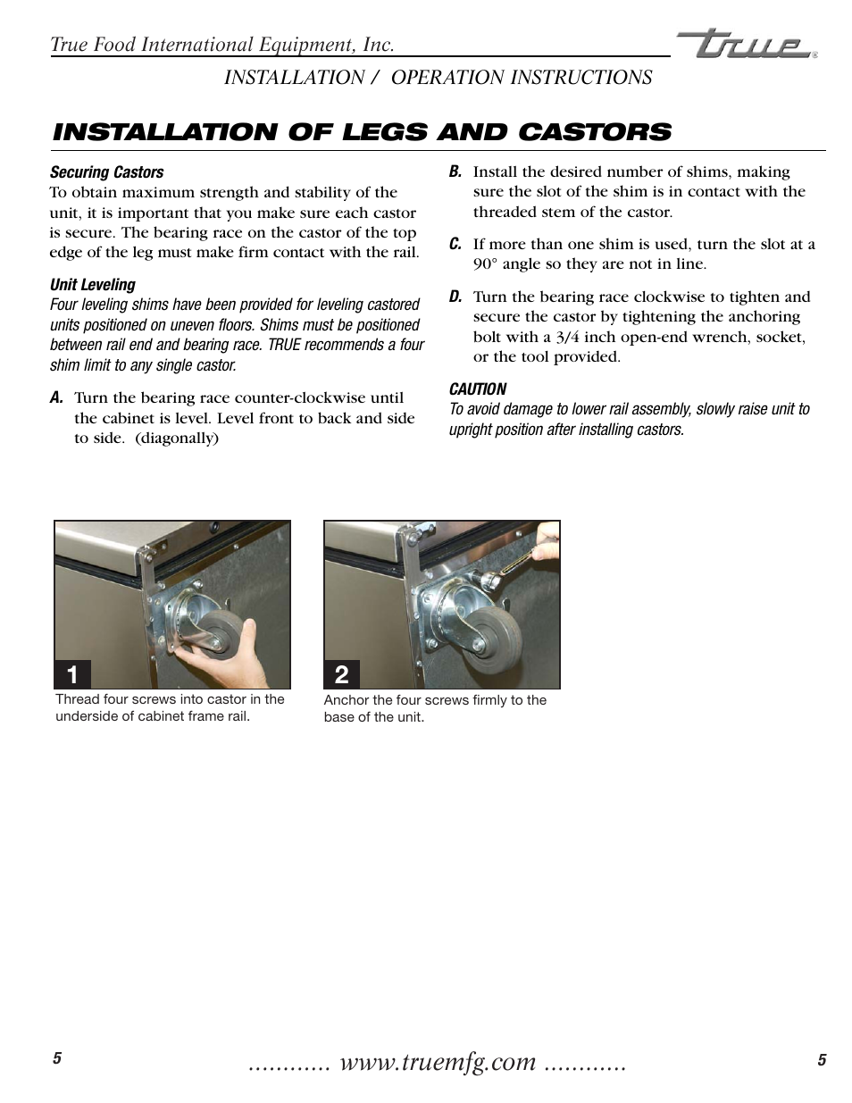 Installation of legs and castors | True Manufacturing Company TGU-2 User Manual | Page 7 / 24