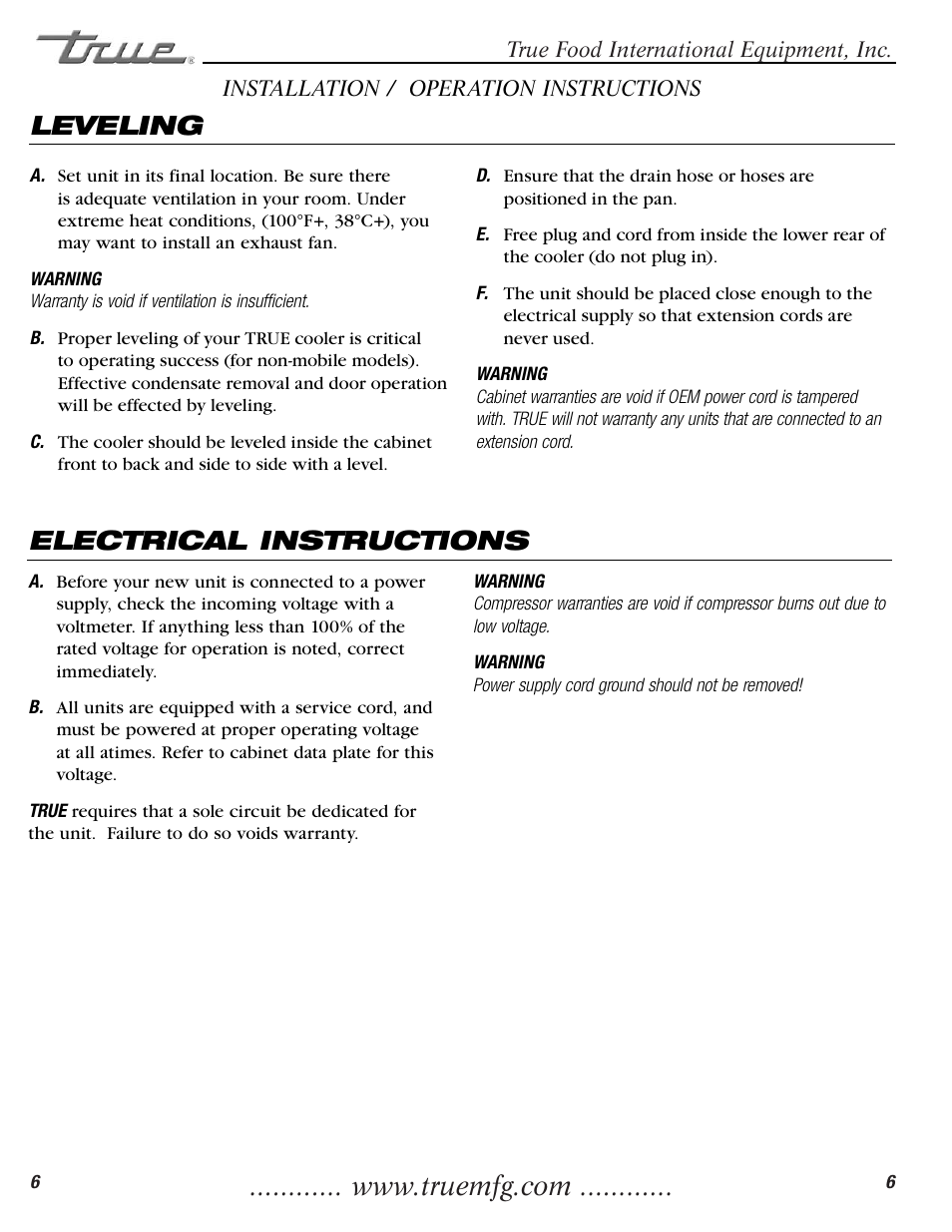 Electrical instructions leveling | True Manufacturing Company TGU-2 User Manual | Page 8 / 24
