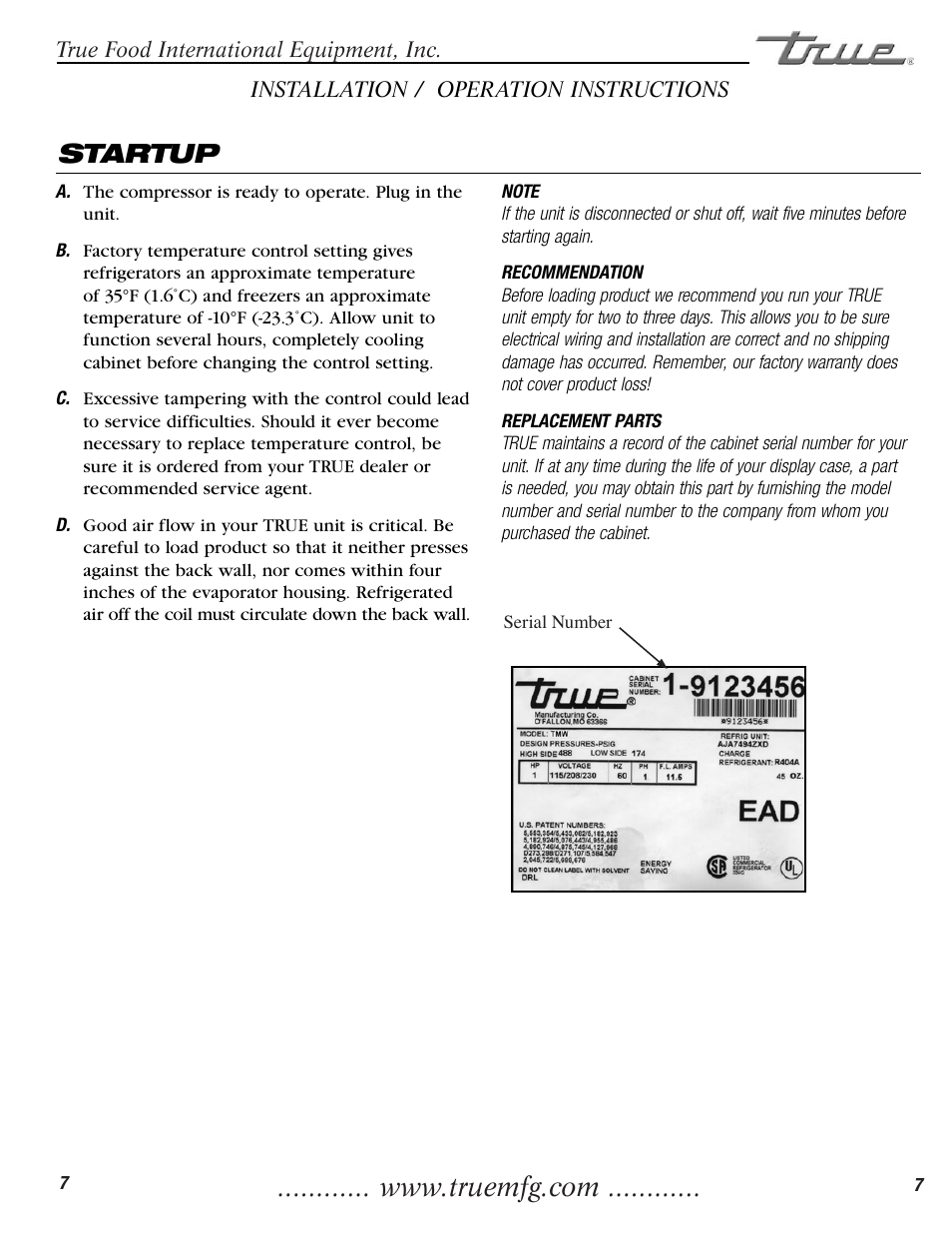 Startup | True Manufacturing Company TGU-2 User Manual | Page 9 / 24