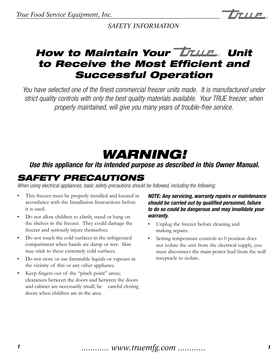 Warning, Safety precautions | True Manufacturing Company TMW-36F User Manual | Page 3 / 13