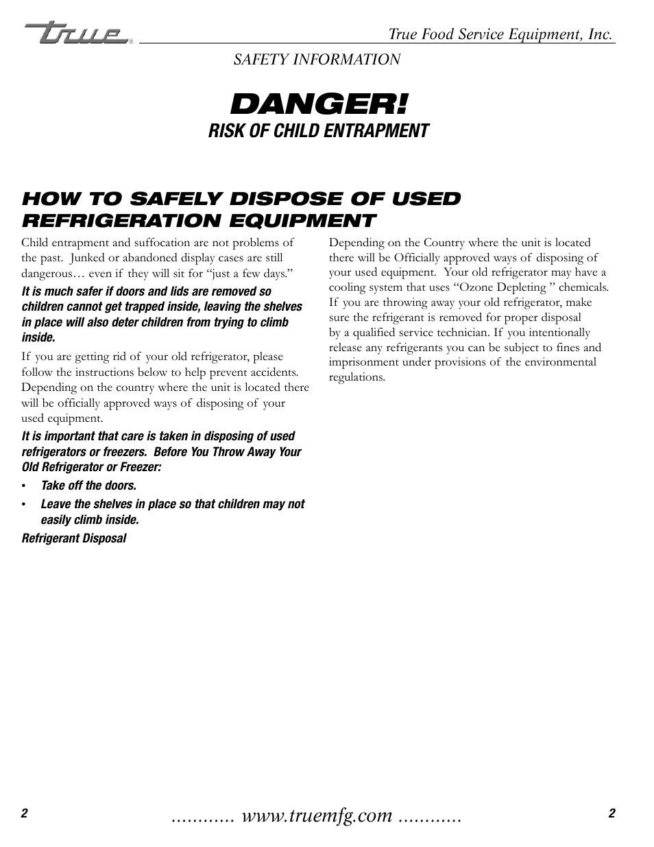 Danger, Risk of child entrapment | True Manufacturing Company TMW-36F User Manual | Page 4 / 13