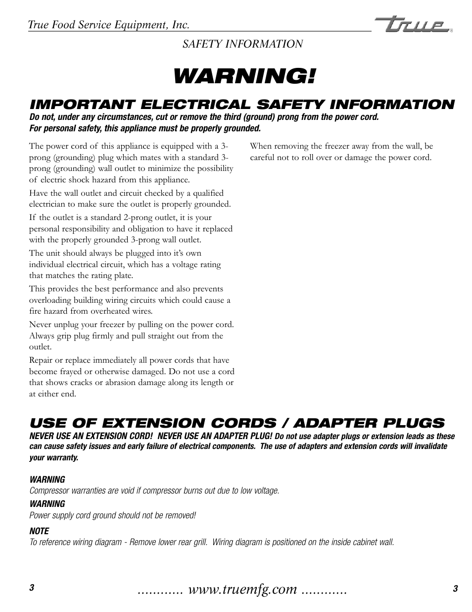Warning, Important electrical safety information, Use of extension cords / adapter plugs | True Manufacturing Company TMW-36F User Manual | Page 5 / 13