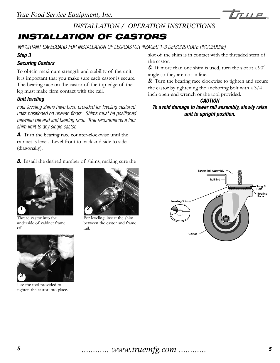 Installation of castors, True food service equipment, inc, Installation / operation instructions | True Manufacturing Company TMW-36F User Manual | Page 7 / 13