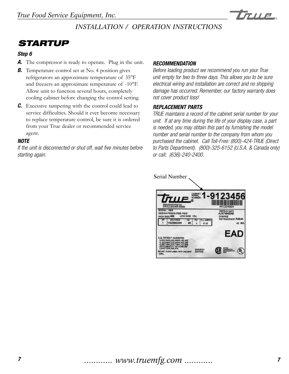 Startup | True Manufacturing Company TMW-36F User Manual | Page 9 / 13