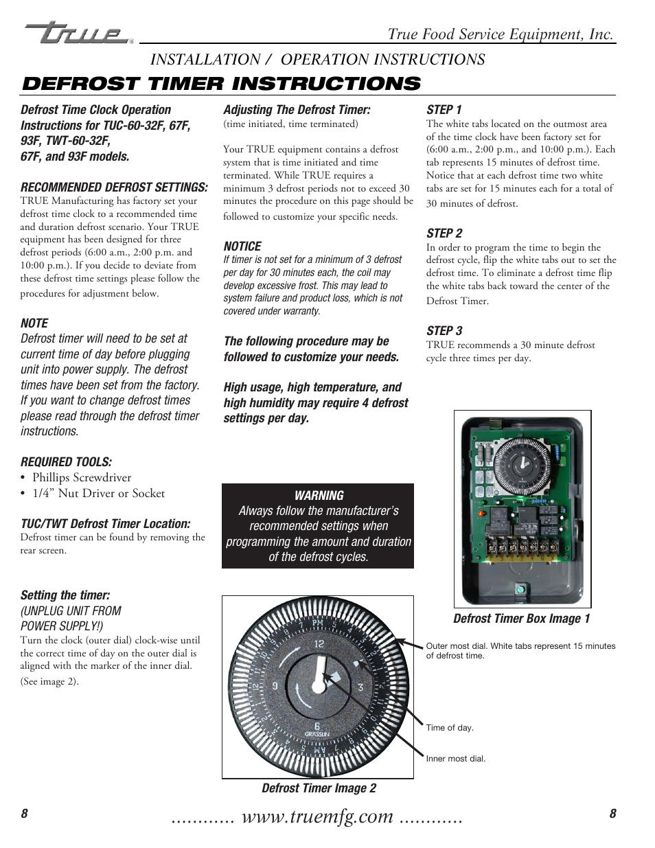Defrost timer instructions | True Manufacturing Company TWT-60F User Manual | Page 10 / 17