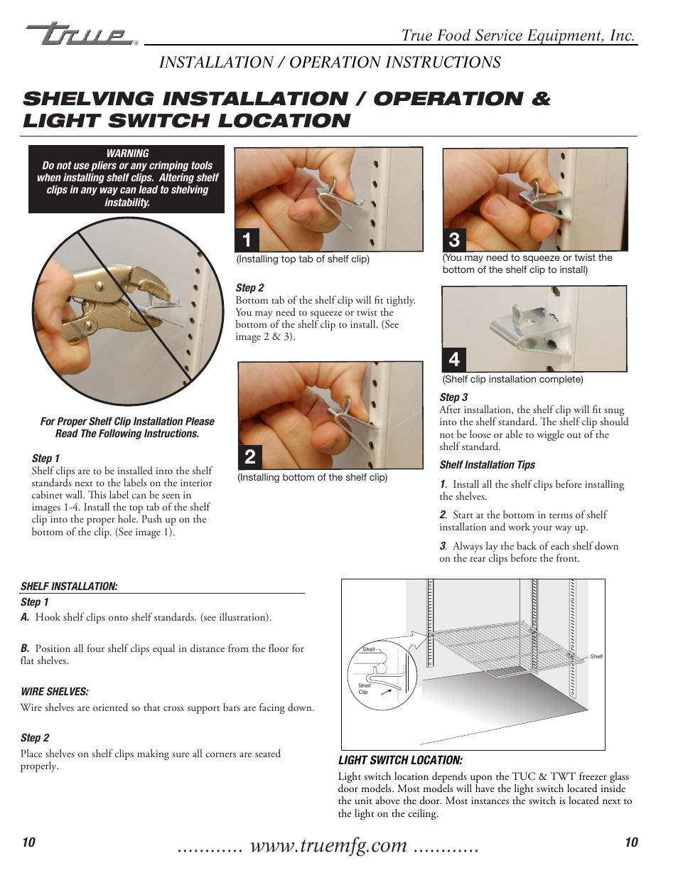 True food service equipment, inc, Installation / operation instructions | True Manufacturing Company TWT-60F User Manual | Page 12 / 17