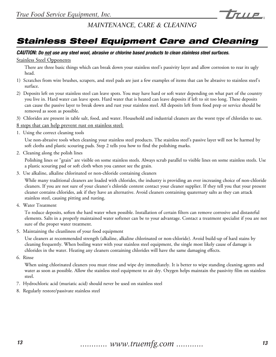 Stainless steel equipment care and cleaning | True Manufacturing Company TWT-60F User Manual | Page 15 / 17