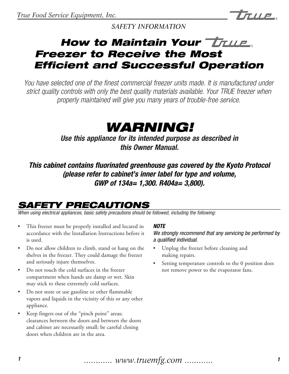 Warning, Safety precautions | True Manufacturing Company TWT-60F User Manual | Page 3 / 17