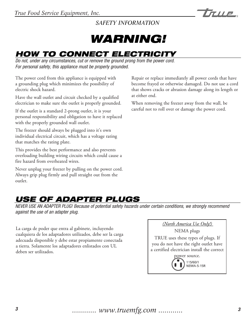 Warning, How to connect electricity, Use of adapter plugs | True Manufacturing Company TWT-60F User Manual | Page 5 / 17