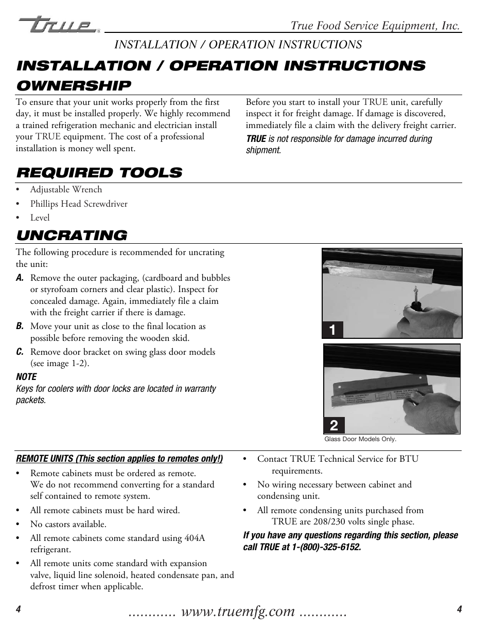 Ownership, Required tools, Uncrating installation / operation instructions | True Manufacturing Company TWT-60F User Manual | Page 6 / 17
