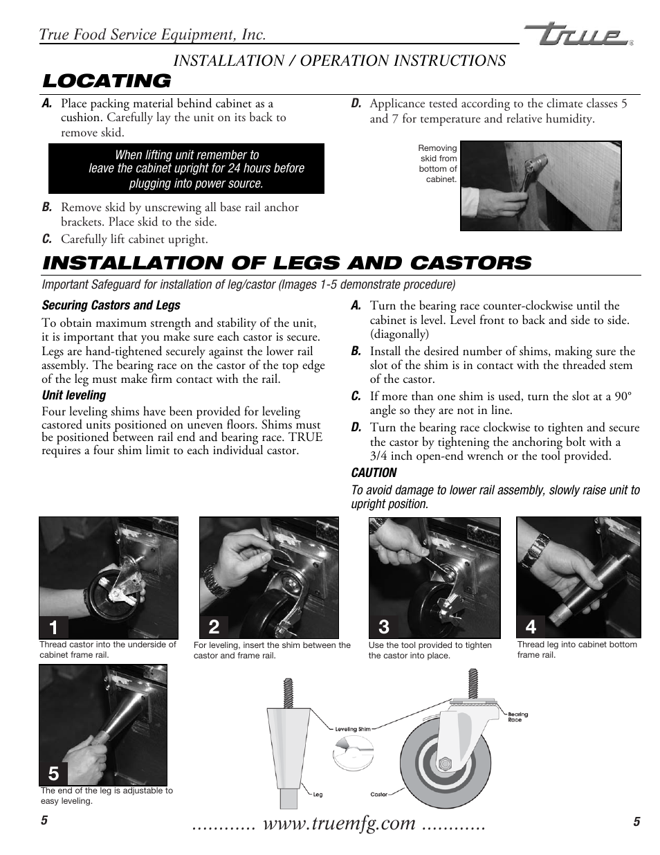 Locating, Installation of legs and castors | True Manufacturing Company TWT-60F User Manual | Page 7 / 17