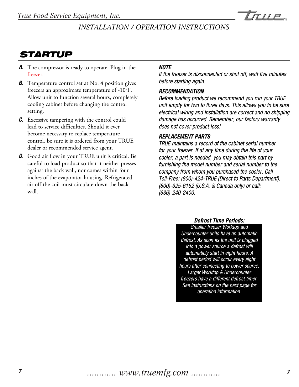 Startup | True Manufacturing Company TWT-60F User Manual | Page 9 / 17