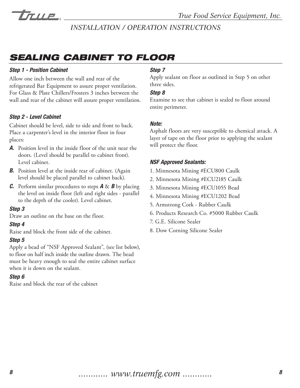 Sealing cabinet to floor | True Manufacturing Company TD-50-18-S-LT User Manual | Page 10 / 24