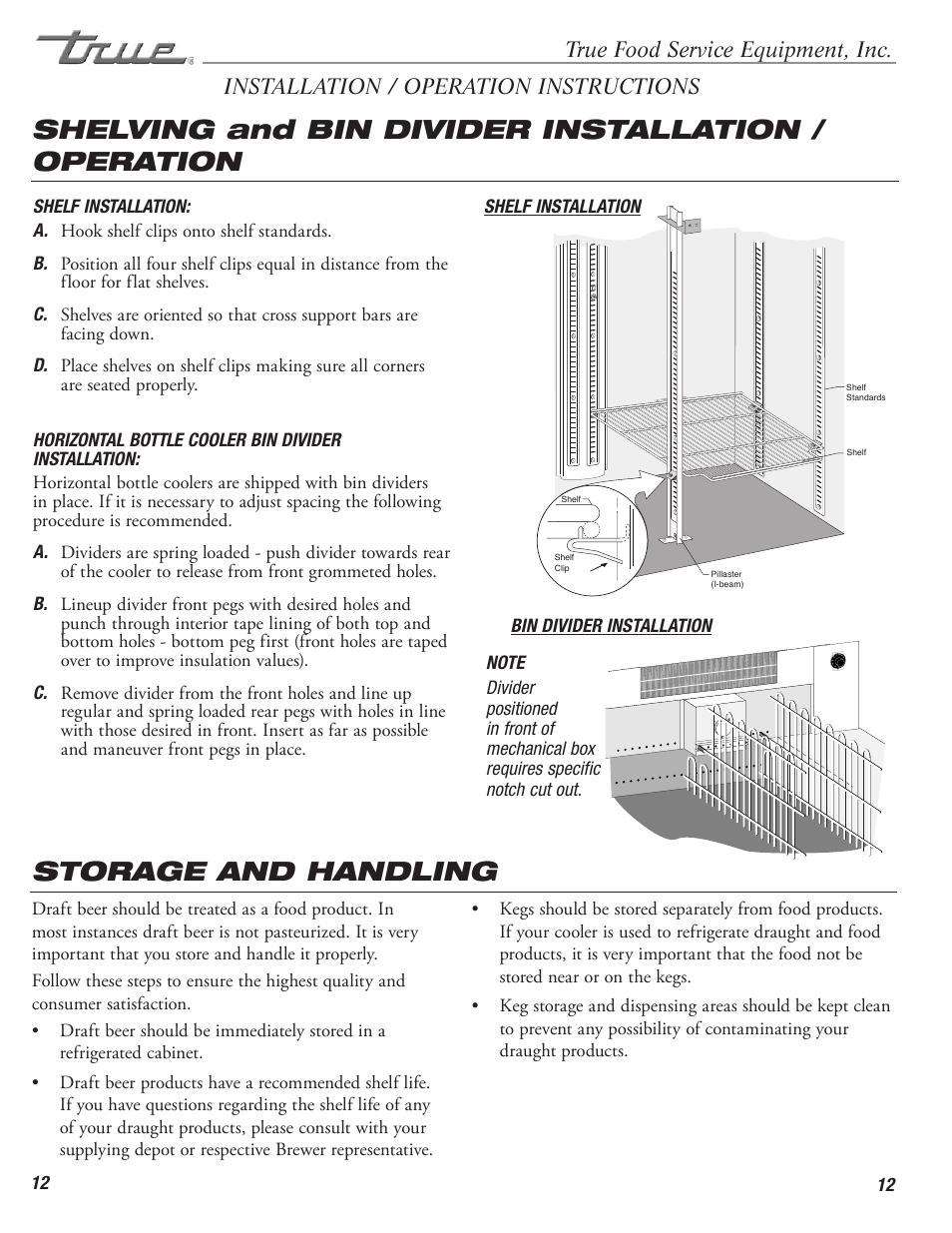 Shelving and bin divider installation / operation, Storage and handling | True Manufacturing Company TD-50-18-S-LT User Manual | Page 14 / 24