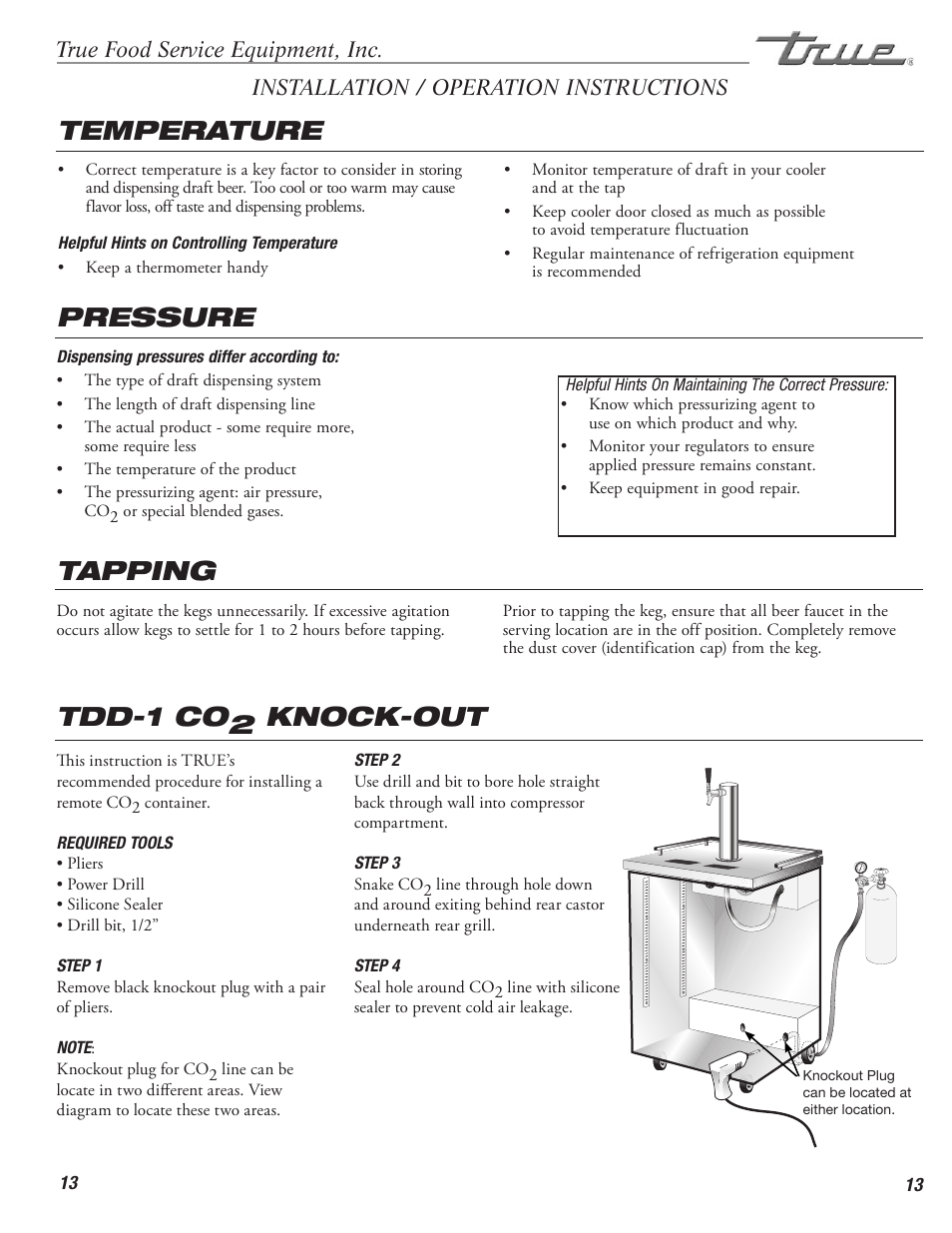 Pressure, Temperature, Tapping | Tdd-1 co2 knock-out | True Manufacturing Company TD-50-18-S-LT User Manual | Page 15 / 24