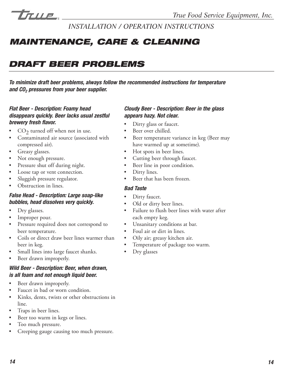 Draft beer problems, Maintenance, care & cleaning | True Manufacturing Company TD-50-18-S-LT User Manual | Page 16 / 24