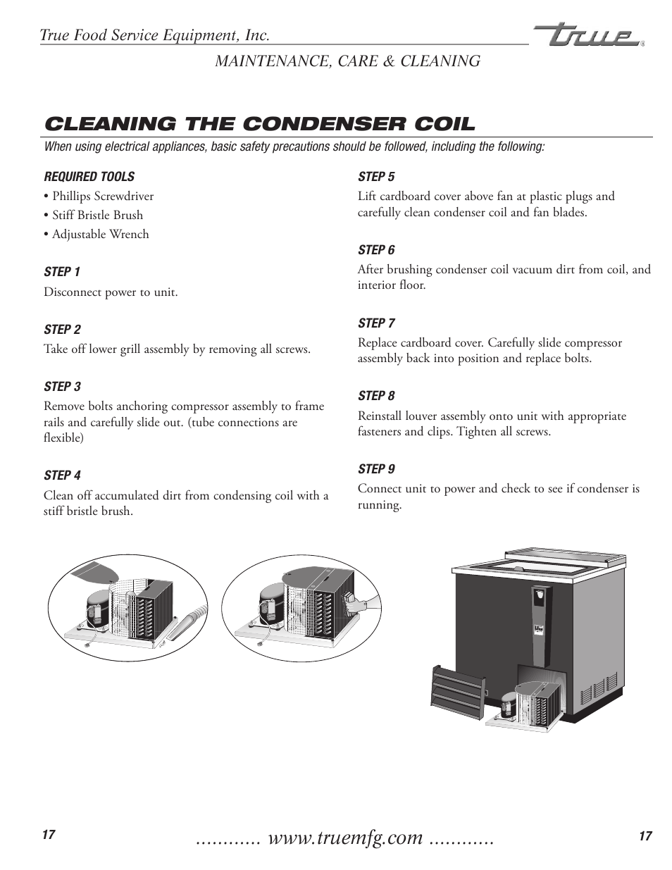 Cleaning the condenser coil, True food service equipment, inc, Maintenance, care & cleaning | True Manufacturing Company TD-50-18-S-LT User Manual | Page 19 / 24
