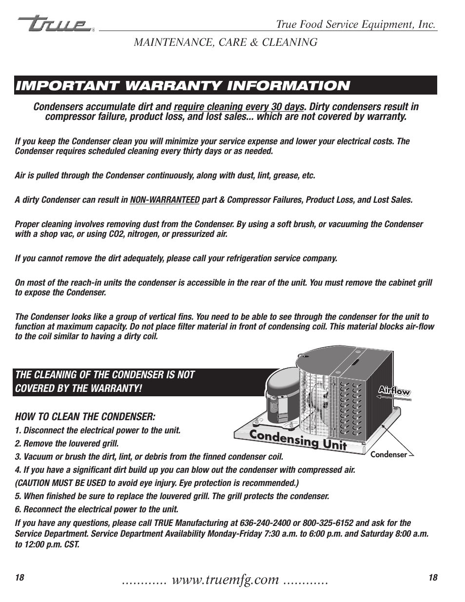 Important warranty information, Condensing unit | True Manufacturing Company TD-50-18-S-LT User Manual | Page 20 / 24