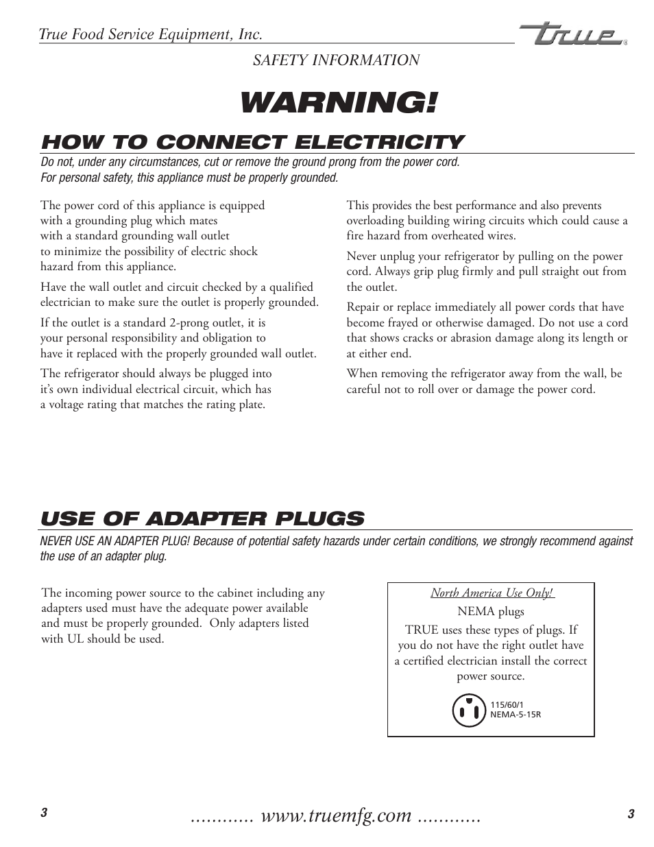 Warning, How to connect electricity, Use of adapter plugs | True Manufacturing Company TD-50-18-S-LT User Manual | Page 5 / 24