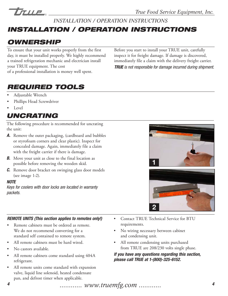 Ownership, Required tools, Uncrating installation / operation instructions | True Manufacturing Company TD-50-18-S-LT User Manual | Page 6 / 24