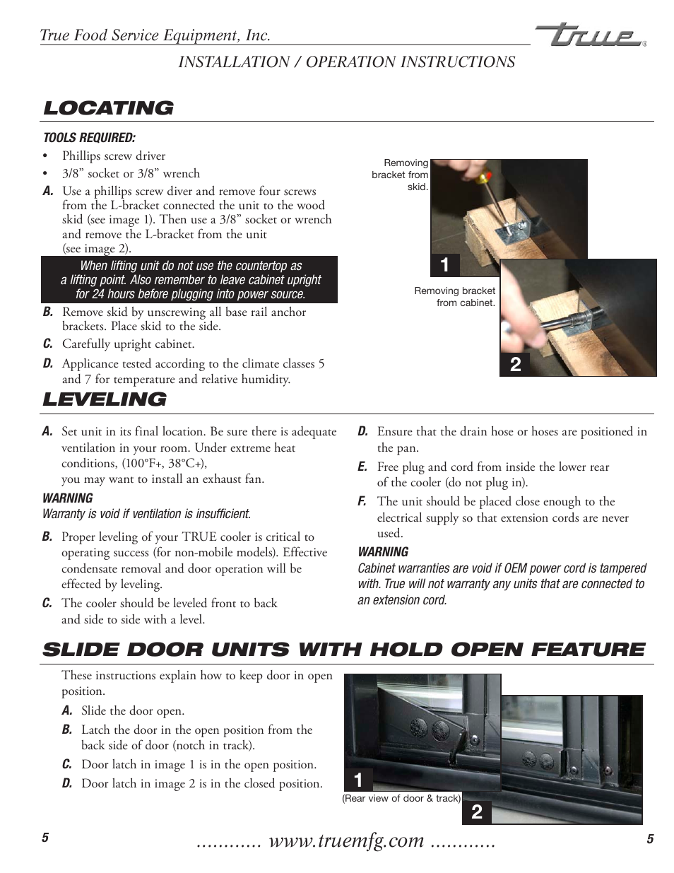 Locating, Leveling, Slide door units with hold open feature | True Manufacturing Company TD-50-18-S-LT User Manual | Page 7 / 24
