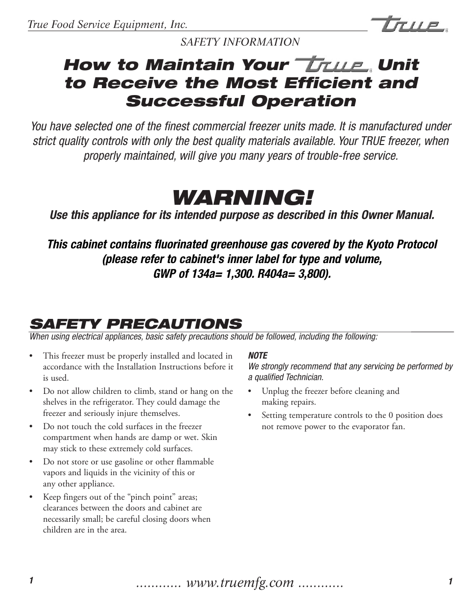 Warning, Safety precautions | True Manufacturing Company TFM-41FL User Manual | Page 3 / 16