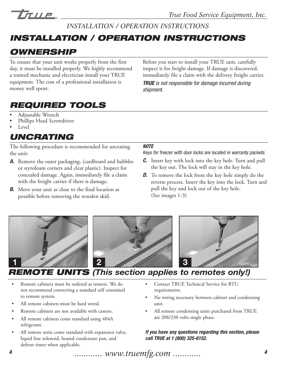 Ownership, Required tools, Uncrating installation / operation instructions | True Manufacturing Company TFM-41FL User Manual | Page 6 / 16