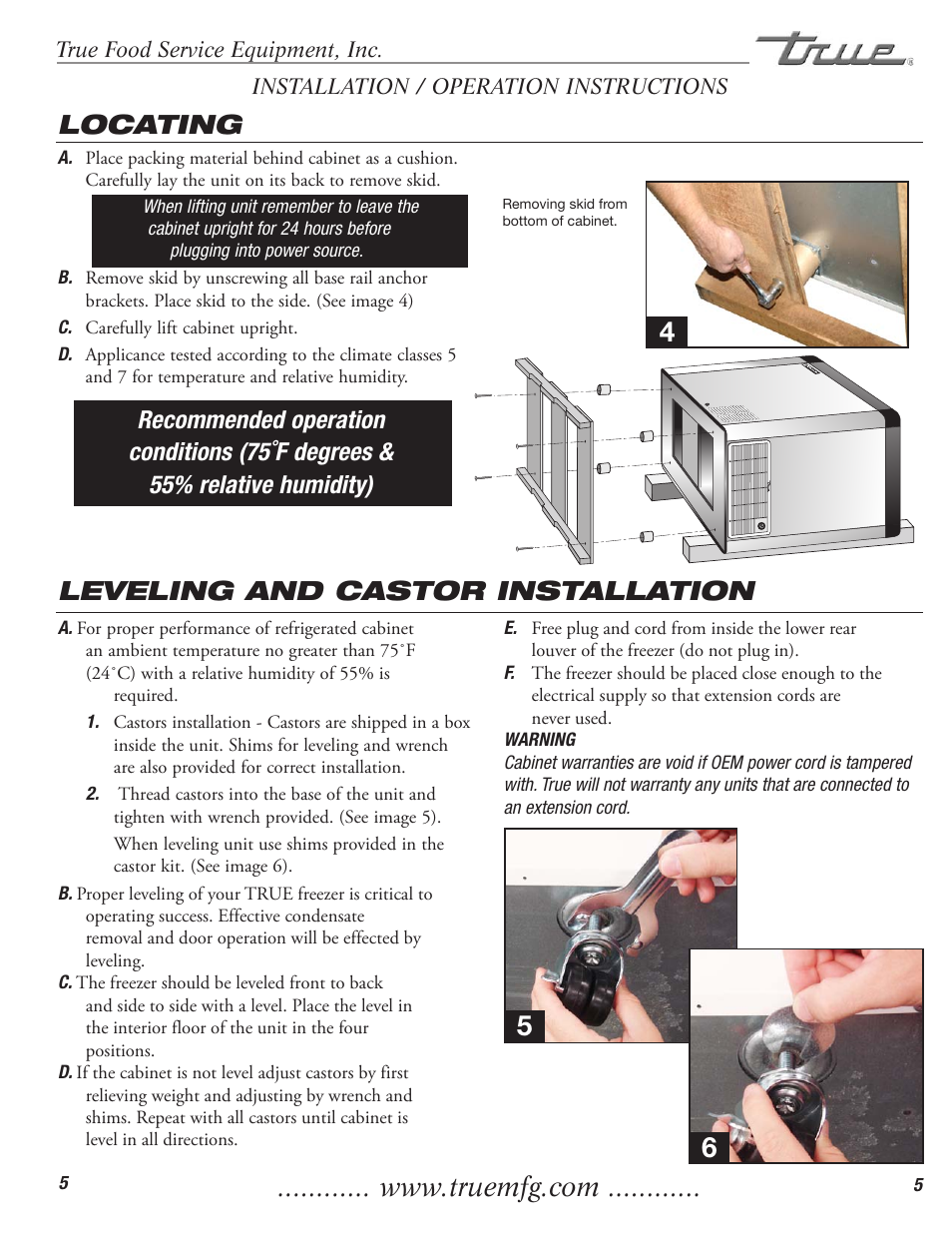 Locating, Leveling and castor installation | True Manufacturing Company TFM-41FL User Manual | Page 7 / 16