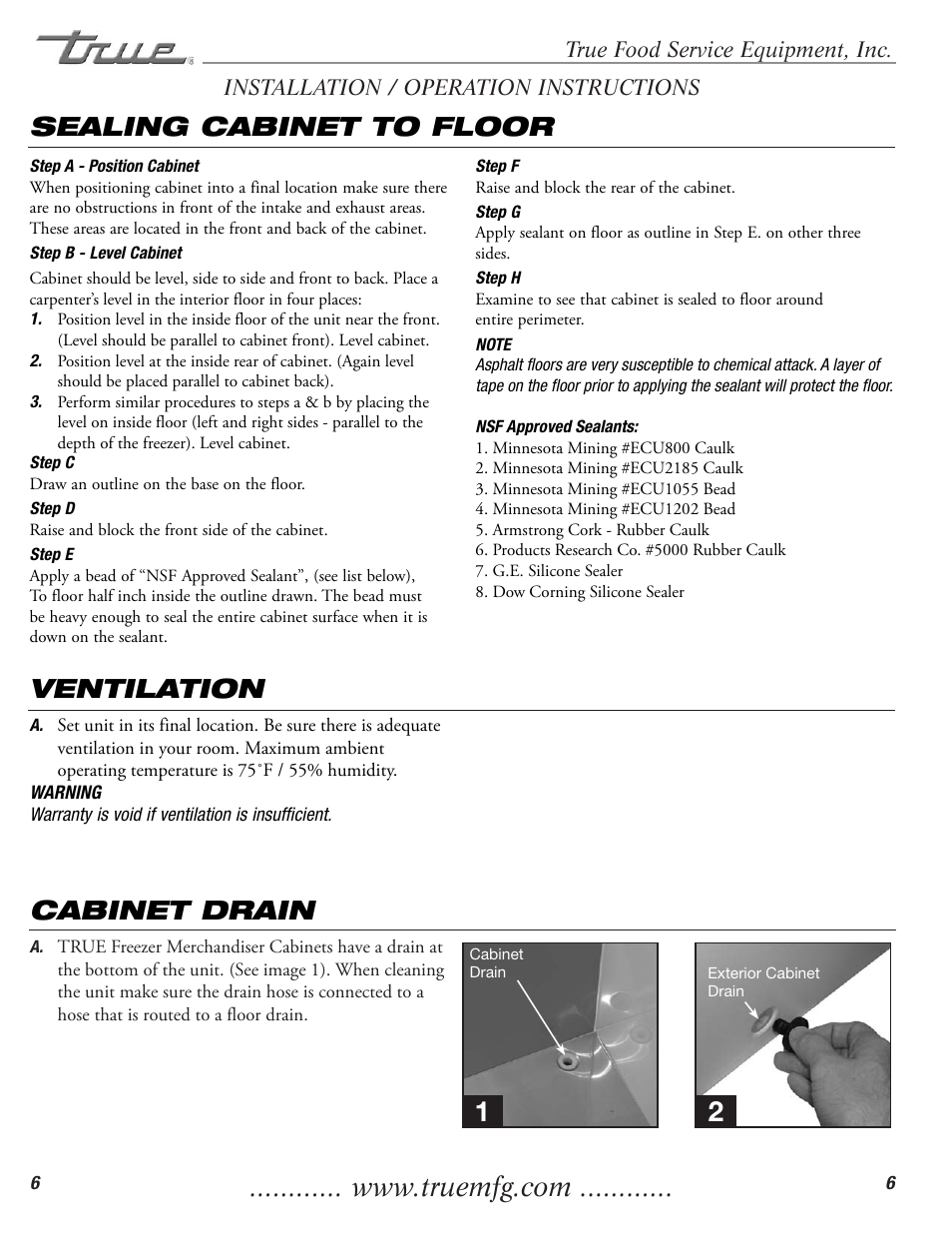 Sealing cabinet to floor, Ventilation, Cabinet drain | True Manufacturing Company TFM-41FL User Manual | Page 8 / 16