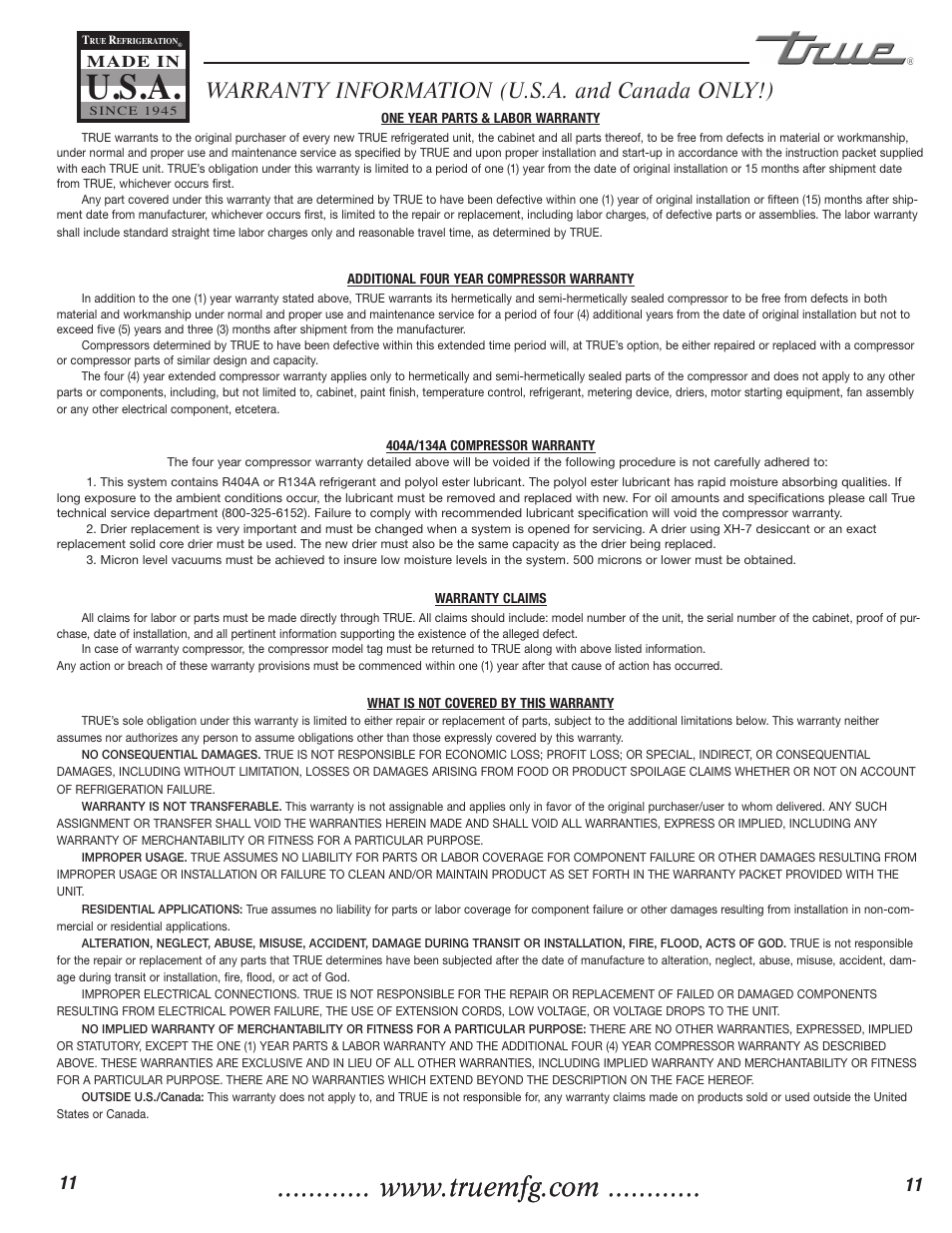 U.s.a, Warranty information (u.s.a. and canada only!) | True Manufacturing Company GDM-3 User Manual | Page 12 / 12