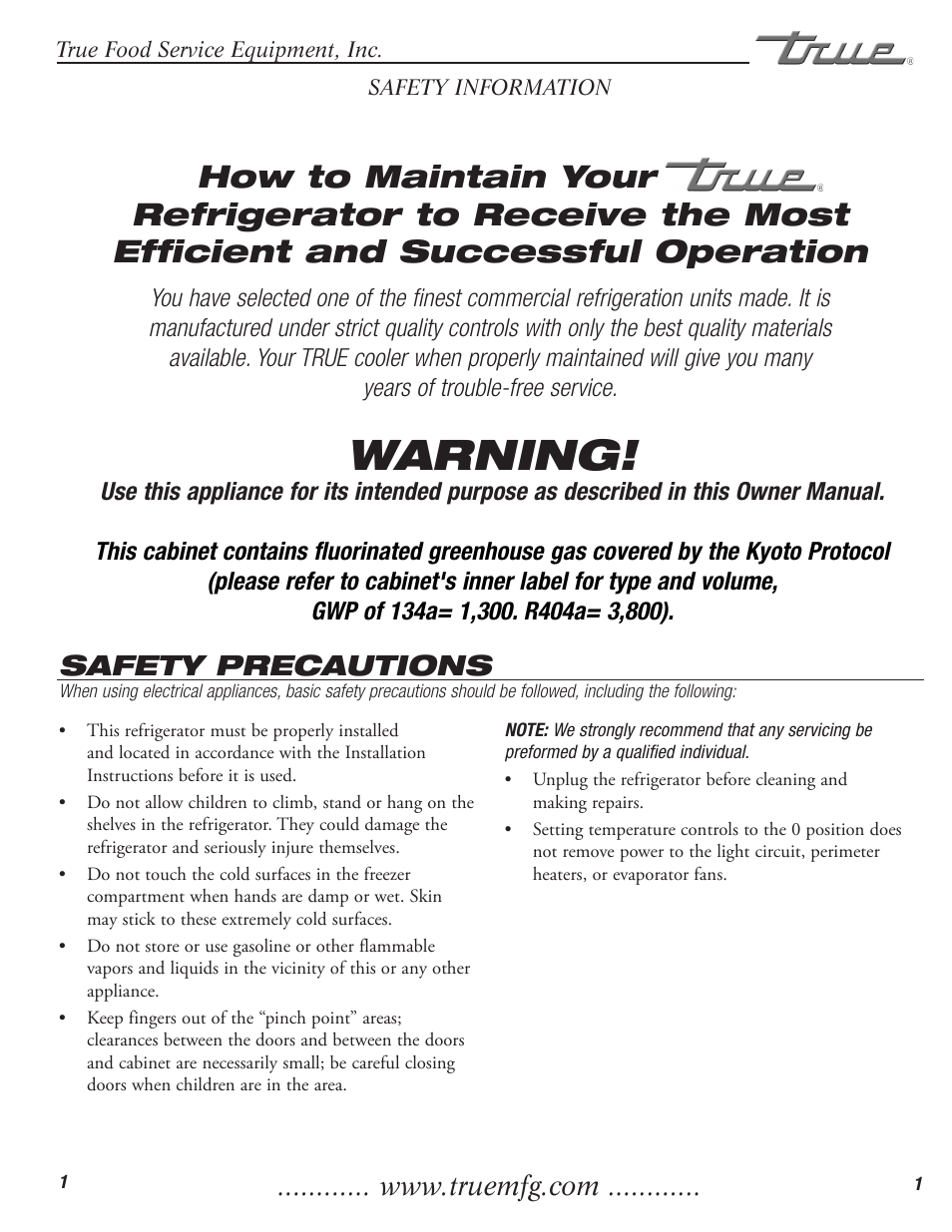 Warning, Safety precautions | True Manufacturing Company GDM-3 User Manual | Page 2 / 12